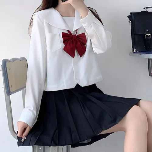 Vista 3 de RESSE Falda plisada japonesa, uniforme escolar, uniforme de marinero JK, uniforme de niñas, disfraz de anime de manga larga