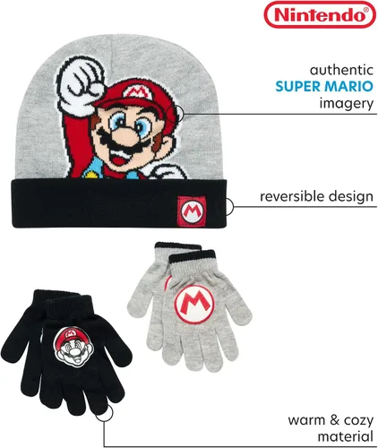 Vista 2 de Nintendo Super Mario Bros Sombrero de invierno de 2 pares de guantes niñosniños pequeños