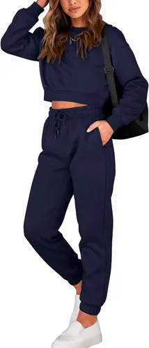 Vista 7 de BTFBM Conjunto deportivo de 2 piezas para mujer, camiseta corta de manga larga, sin botones, pantalón con cordón ajustable, pantalones deportivos