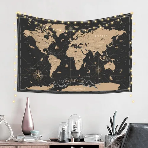 Vista 2 de MOUNDHONG Tapiz negro retro con mapa del mundo para colgar en la pared, tapiz de arte retro para pared, tapices de pared grandes para dormitorio