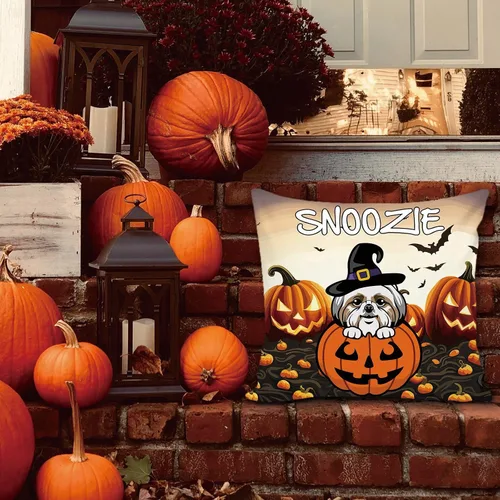 Vista 5 de Funda de almohada personalizada de Halloween, diseño de calabaza, lindo cachorro, funda decorativa de lona para sofá, 16 x 16 pulgadas, estampado