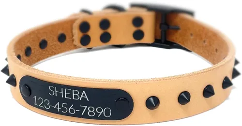 Vista 10 de Personalized Spiked Bridle Leather Dog Collar, Engraved Matte Black Metal Nameplate (Mustard Yellow)
