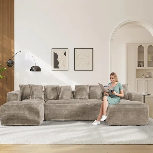 Vista 30 de Sofás seccionales en forma de U de gran tamaño de 131 pulgadas para sala de estar, cómodo sofá modular de pana esponjosa beige sin hueso, sofá
