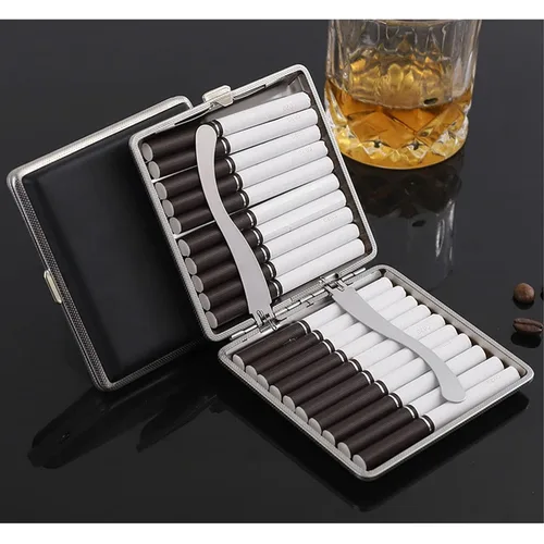 Vista 2 de Caja de cigarrillos elegante de cuero con superficie de metal para 20 cigarrillos, caja de cigarrillos para hombres y mujeres, regalo ideal