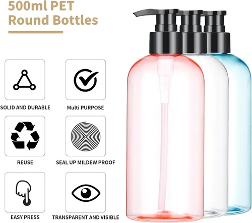 Vista 6 de Bynccea Pump Bottle 16 oz/500 ml Empty Shampoo Pump Bottles Dispenser Portable Pump Plastic Bottles for Shampoo and Conditioner Liquid Transparente
