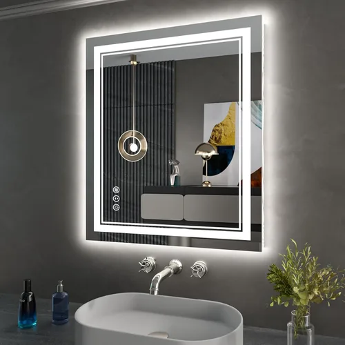Vista 20 de Espejo de baño LED de 24 x 28 pulgadas, luz frontal y retroiluminada, antiniebla, regulable, espejo de tocador iluminado con memoria, espejo LED