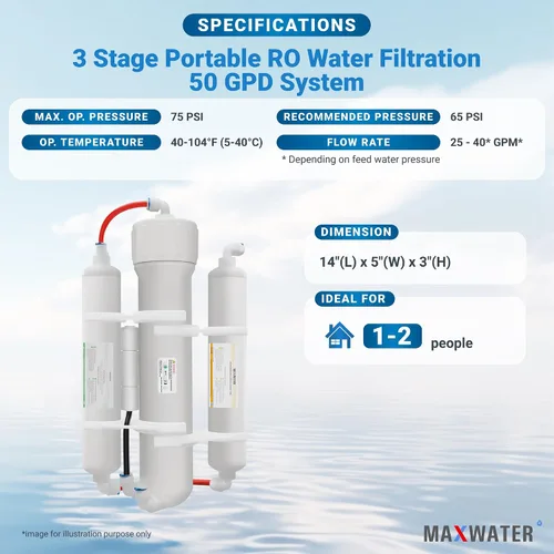 Vista 2 de Max Water Sistema de filtro de agua de ósmosis inversa portátil de 3 etapas, sistema de filtración de agua RO de 50 GPD para acuario, plantas