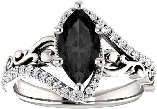 Vista 2 de Anillo de compromiso de marquesa de 1 CT de color negro, anillo de ónix negro marquesa de voluta, anillo de diamantes negros marquesa victoriana