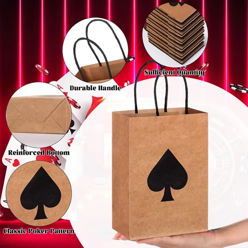 Vista 3 de Outus 24 bolsas de regalo para fiestas de casino, color rojo y negro, bolsas de papel con asas de 8.3 x 6 x 3 pulgadas para bolsas de papel