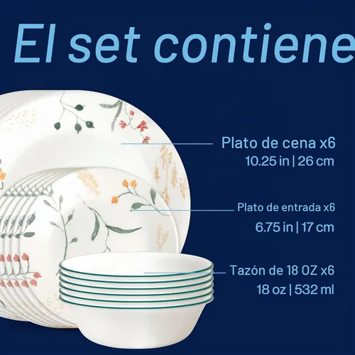 Vista 3 de Corelle Vitrelle - Juego de vajilla de vidrio de 18 piezas para 6, juego de platos y cuencos de vidrio de triple capa resistente a las grietas y a