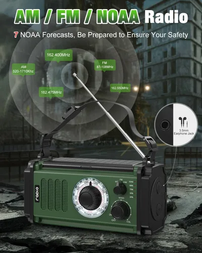 Vista 8 de Radio de emergencia 10000mAh/37000mWh, radio solar, radio de manivela, radio meteorológica NOAA AM FM, 4 métodos de carga, batería de polímero