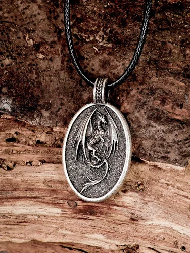 Vista 4 de HAQUIL Dragon Necklace, Antique Medieval Dragon Pendant, Faux Leather Cord, Jewelry Gift for Men and Women