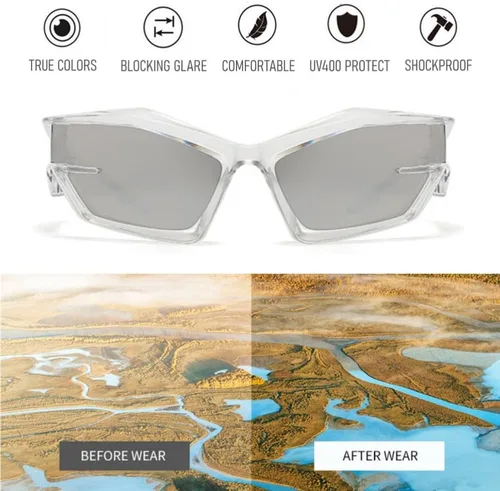 Vista 4 de BAWUYI Cool Futuristic Y2K - Gafas de sol para hombres y mujeres, deportes envolventes alrededor del escudo de ojo de gato, lentes de sol espaciales
