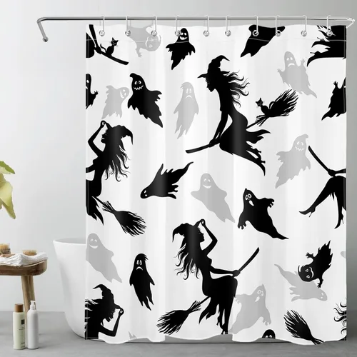 Vista 16 de LB Cortina de ducha espeluznante de Halloween, lindo fantasma en flores, árbol negro, luna llena, cortinas de ducha para baño, tela de poliéster