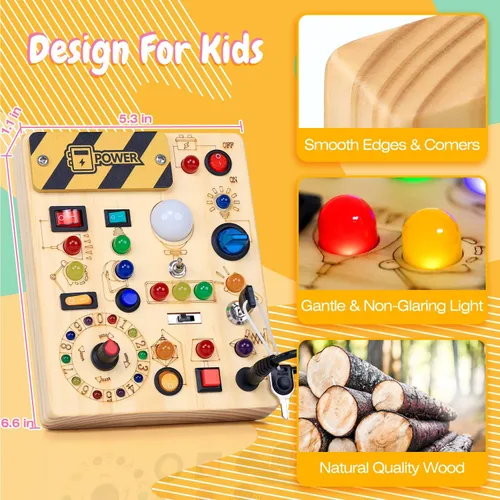 Vista 6 de Tablero de actividades con interruptores de luz LED, juguetes Montessori para niños de 1, 2, 3 años, tablero de actividades sensoriales de madera