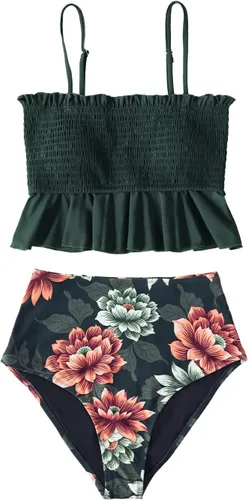 Vista 4 de CUPSHE - Traje de baño de dos piezas, de cintura alta y con estampado floral para mujer