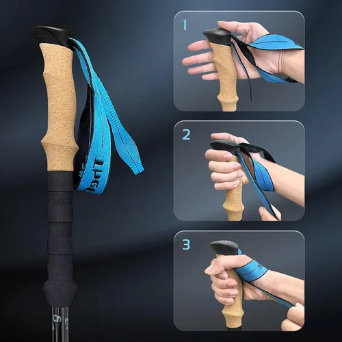 Vista 6 de Bastones de senderismo de fibra de carbono TheFitLife – Bastón de senderismo plegable y telescópico con mango de corcho natural y empuñaduras EVA