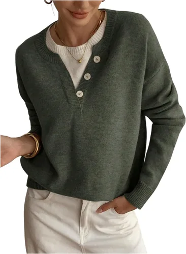 Vista 17 de SOLY HUX Suéteres Pullover para Mujer de Manga Larga con Botones Cuello Redondo 2 en 1 Tops de Punto Holgados Albaricoque puro