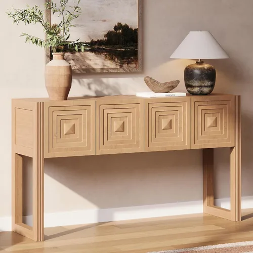 Vista 12 de LUMISOL Mesa consola geométrica tallada con 3 cajones, mesa de sofá de granja detrás del sofá con almacenamiento y detalles de patas acanaladas