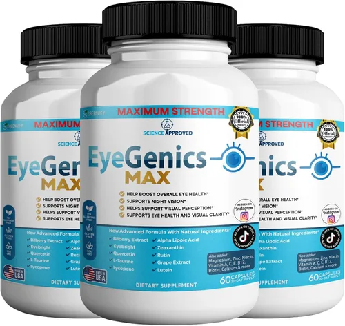 Vista 8 de EyeGenics Max Vision Support Supplement, 60 cápsulas, fórmula de salud ocular de máxima fuerza con luteína, extracto de arándano, vitaminas (1)