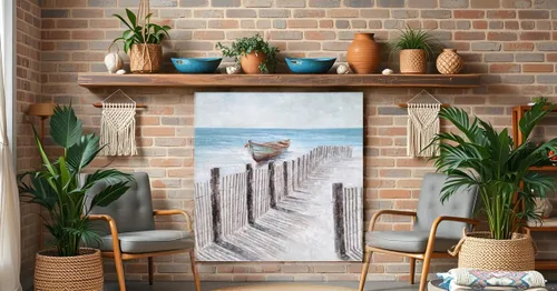 Vista 5 de Yihui Arts - Lienzo decorativo para pared de playa con diseño de bote azul y gris costero náutico cuadrado, pintura artística para decoración