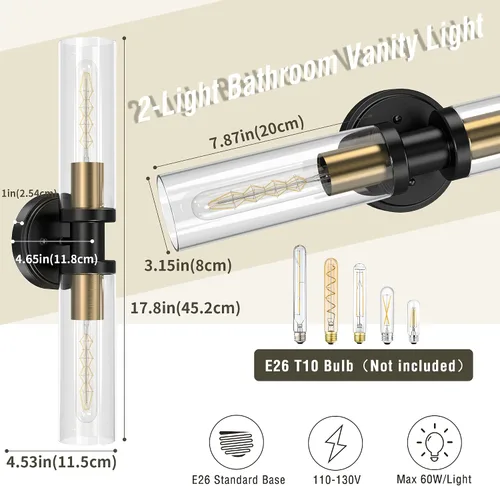 Vista 2 de Lámparas de baño de 2 luces negras y doradas, luces de tocador de baño sobre espejo, apliques de pared, iluminación industrial, accesorios