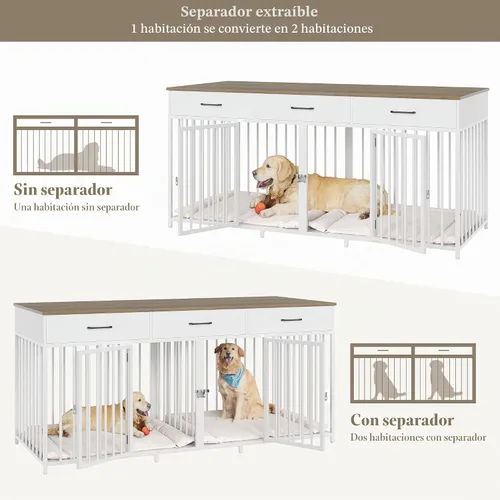 Vista 7 de HOSTACK Muebles de Jaulas Dobles para Perros, Perrera Interior de 71 Pulgadas de Ancho con 3 Cajones, Jaula para Perros Estilo Granja para 2 Perros