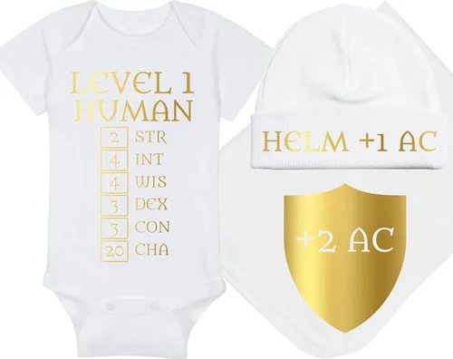 Vista 17 de Level 1 Human with Ability Scores - Gaming Baby Onesie - Hat - Blanket - Bib Package Combinations