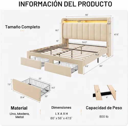 Vista 2 de SHA CERLIN - Marco de cama de tamaño matrimonial con cabecero