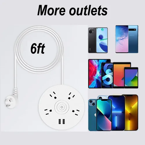 Vista 7 de Regleta retráctil con cable de extensión de 6 pies, 4 salidas + 2 puertos USB, portátil para viajes, hogar y oficina (blanco)