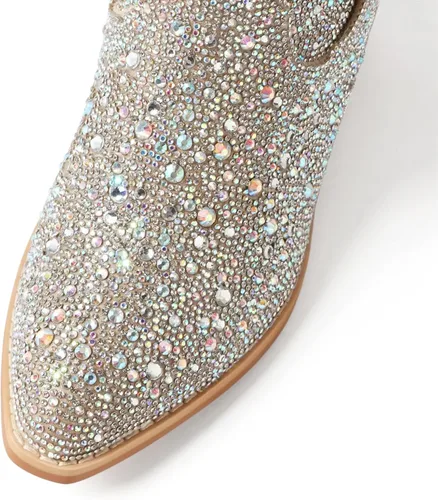 Vista 4 de MUCCCUTE Botas vaqueras con diamantes de imitación para mujer, puntera puntiaguda, tacón de 2.0 in, botas altas hasta la rodilla, botas