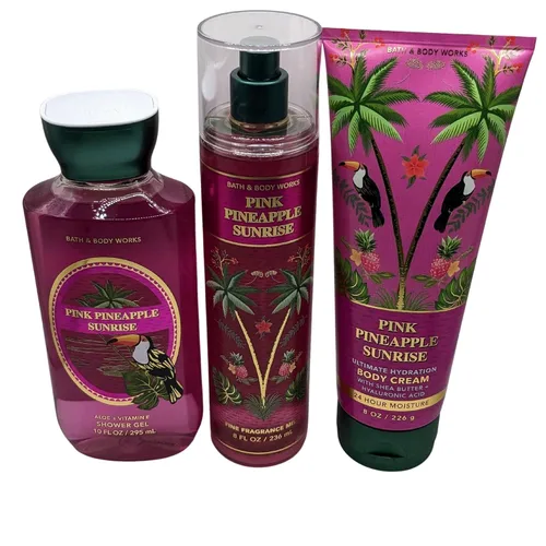 Vista 6 de Bath & Body Works Pink Pineapple Sunrise - Paquete de 3 piezas - Niebla de fragancia fina, crema corporal de hidratación definitiva y gel de ducha
