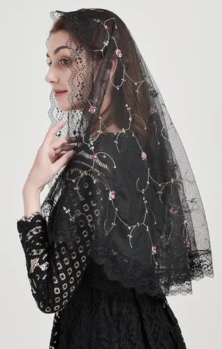 Vista 5 de FANFAN Encaje Rosa Flor Mantilla Capilla Velo Católico Chal Envoltura Y018