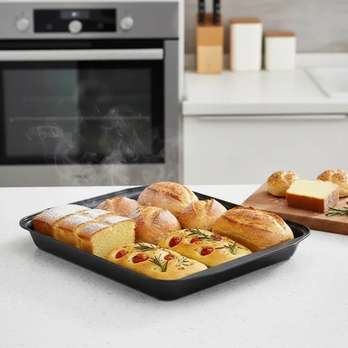 Vista 3 de Molde antiadherente de acero al carbono rectangular grande negro para hornear horno, 17 pulgadas