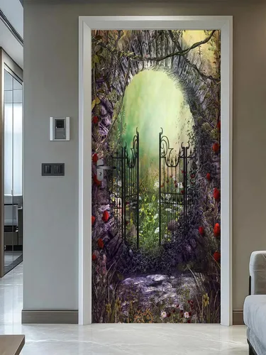 Vista 13 de artfanke Murales 3D de bosque caducifolio amarillo para puerta, 30.3 x 78.7 pulgadas, calcomanías autoadhesivas para puerta, póster de bricolaje