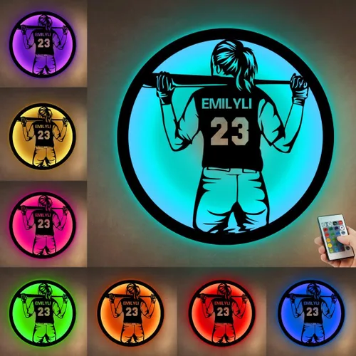 Vista 14 de Letrero de metal personalizado para jugador de sóftbol con luz LED, nombre y número personalizado, arte de pared de sóftbol, letrero de neón