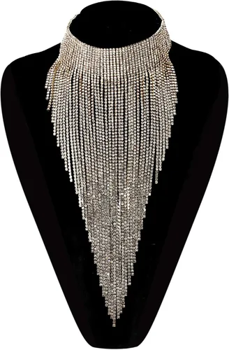Vista 6 de Flyonce - Collar con diamantes de imitación para mujer, gargantilla con borla estilo pechera, joyería para fiesta formal