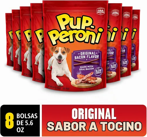 Vista 2 de Pup-Peroni Golosinas para perros, sabor original a tocino, 5.6 onzas (paquete de 8), hechas con tocino real