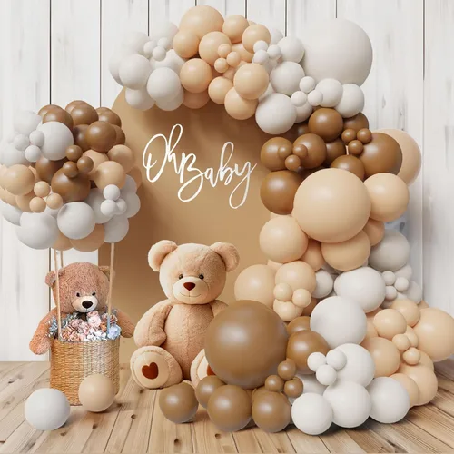 Vista 11 de ECEAE Kit de arco de globos con tema de oso color azul claro, beige, marrón claro y marrón, globos crema, guirnalda de globos para decoración