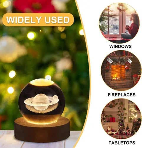 Vista 6 de Luz nocturna LED de bola de cristal, sistema de la Vía Láctea, lámpara de noche de cristal grabada en 3D con base de madera, carga USB
