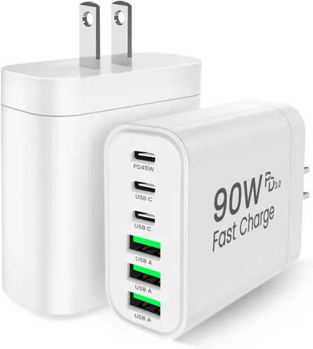 Vista 9 de Bloque de cargador USB C GaN de 90 W, cargador de pared USB C de 6 puertos de carga rápida, adaptador de corriente PD de 45 W para iPhone 17Pro