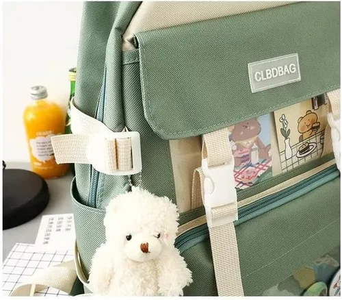 Vista 7 de MOJIDUO Juego de 4 mochilas Kawaii con bonitos colgantes e insignias de felpa, mochila escolar de alta capacidad, bonita mochila estética, Azul