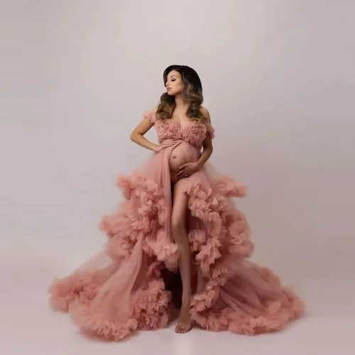 Vista 4 de UZN Vestidos de maternidad de tul con hombros descubiertos para sesión de fotos, batas largas hinchadas, vestido de embarazo transparente para baby