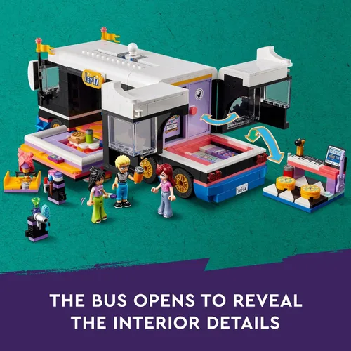 Vista 4 de LEGO Friends Pop Star Music Tour Bus Play Together juguete, juguete musical socioemocional con 4 personajes de mini-muñecas, kit de construcción