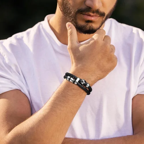 Vista 3 de TempBeau Pulsera de cuero genuino de fútbol para hombre, pulsera de cuero trenzado para niño, pulsera de cuero negro, regalos para papá, Acero