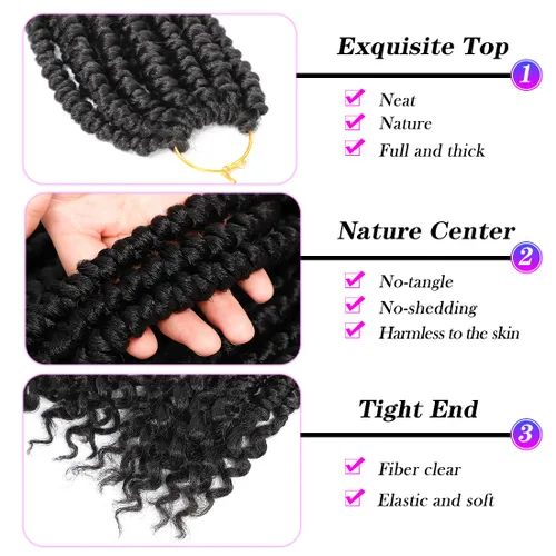 Vista 5 de Pelo de ganchillo senegalés pre primavera trenzado para mujeres negras, pelo sintético Passion Twist trenzado, pelo corto de 12 pulgadas rizado #1B