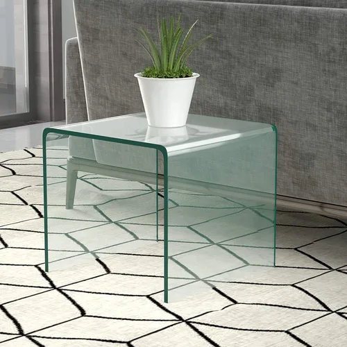 Vista 4 de Mesa auxiliar de vidrio templado, mesa de café transparente en forma de U con esquinas redondeadas y almohadilla antideslizante para el pie, mesa