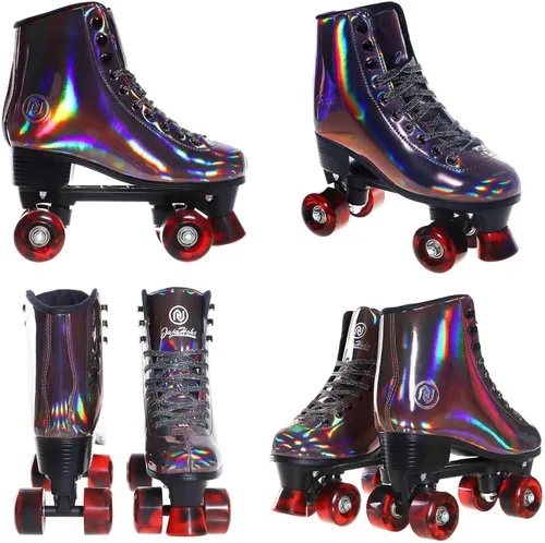 Vista 5 de JajaHoho Patines de ruedas para mujer, de cuero PU holográfico negro de alta calidad, patines de doble fila brillantes con cuatro ruedas para niñas