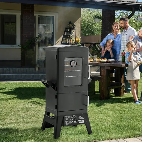 Vista 9 de Parrilla vertical grande para ahumar propano con 4 estantes para barbacoa de gas al aire libre con control de temperatura, diseño resistente