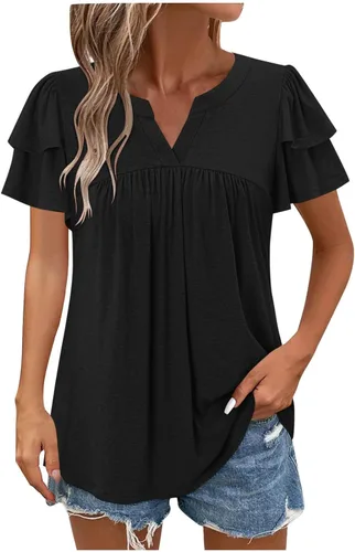 Vista 14 de Blusas para mujer, elegantes, casuales, de verano, de manga corta, plisadas, holgadas, suaves, cómodas, de moda a01 blanco